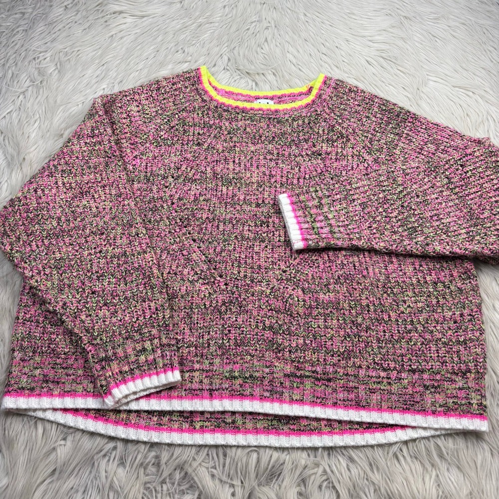 John + Jen Women's XL Relaxed Marled Crew Sweater Neon Yellow Pink Dopamine
